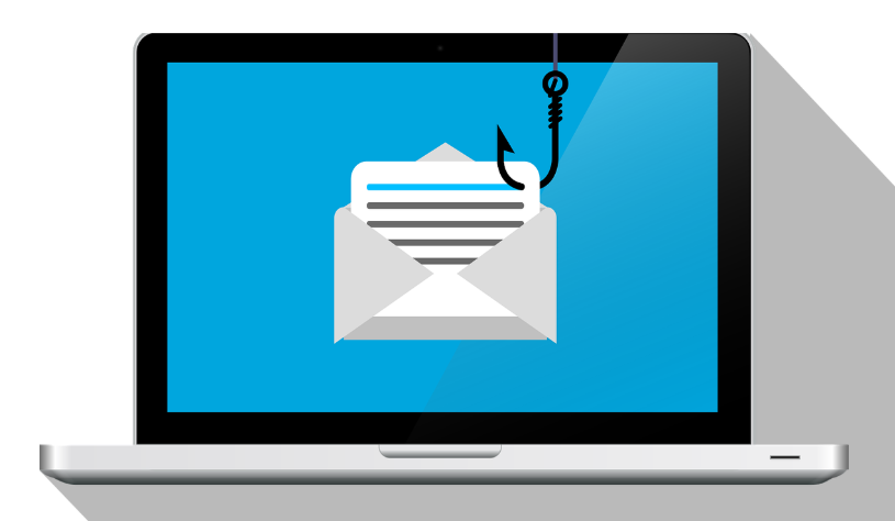 An illustration of a person looking at a computer screen with a phishing email displayed, showing a large, tempting Click Here button.