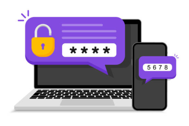 A two-step login illustration where the passphrase succeeds but access is denied until a one-time code is confirmed on a phone