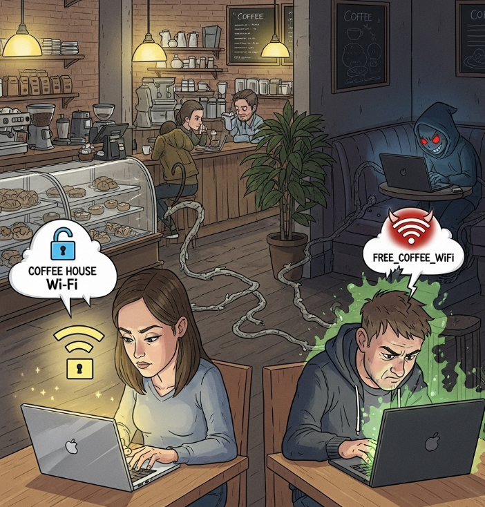 An illustration of a coffee shop with two patrons on laptops. One is connected securely to the real Wi-Fi, while the other is unknowingly connected to a malicious "evil twin" network operated by a shadowy figure in the corner.