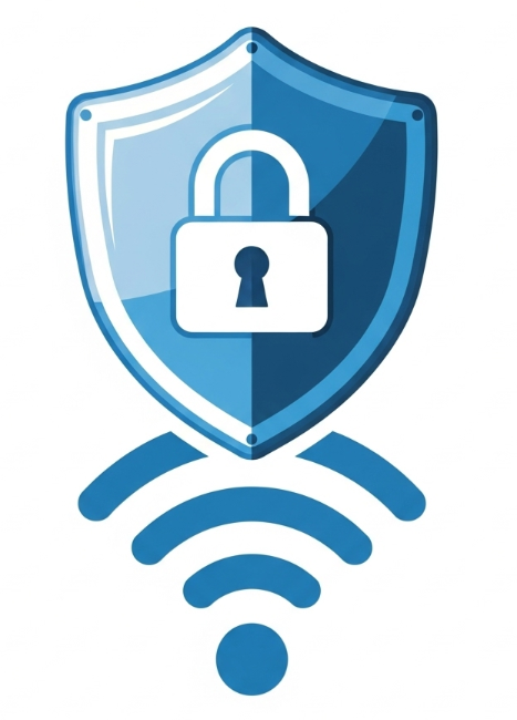 A shield icon overlaying a Wi-Fi symbol, with a padlock on the shield, visually representing the protection a VPN provides on a public network.