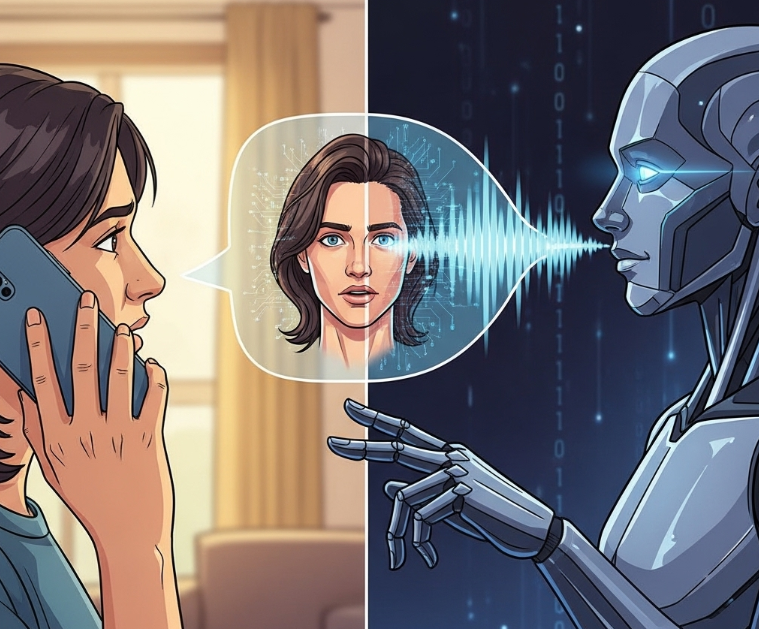 An illustration of a soundwave of a human voice being transformed into a digital, cloned version on a computer screen, with a shadowy figure in the background.