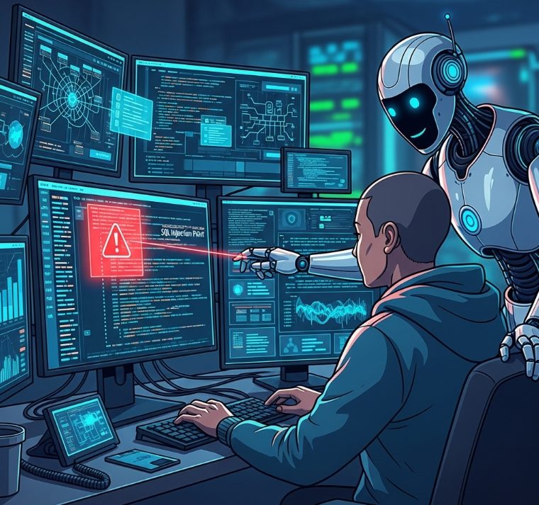 An illustration of a security analyst working at a computer, with an AI "co-pilot" represented as a helpful robot pointing out a vulnerability on the screen, symbolizing the collaboration between human and machine.