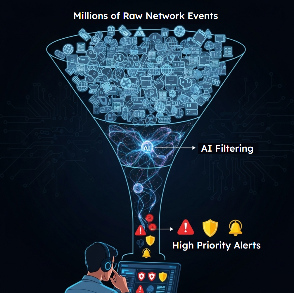 [A funnel diagram showing millions of raw network events at the top being filtered down by an AI to a small, manageable number of high-priority alerts for a human analyst at the bottom.