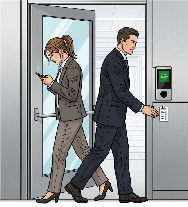 An illustration of a person in a suit tailgating an authorized employee through a secure badge-access door. The authorized employee is distracted and does not notice.