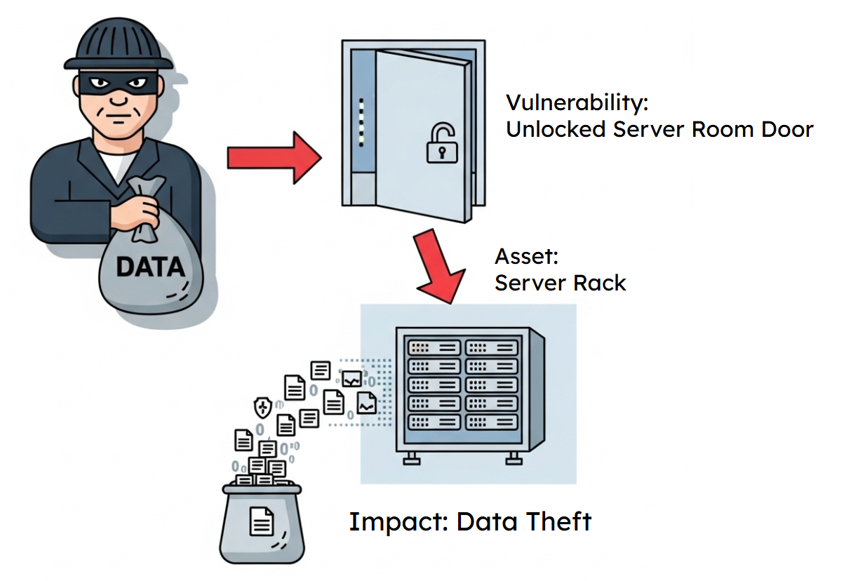 A diagram showing a threat (a burglar icon) exploiting a vulnerability (an unlocked server room door) to compromise an asset (a server rack), resulting in data theft
